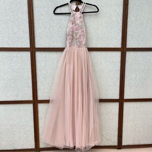 Morgan & Co Embroidered Halter Neck Mesh Criss Cross Lace Up Back Dress